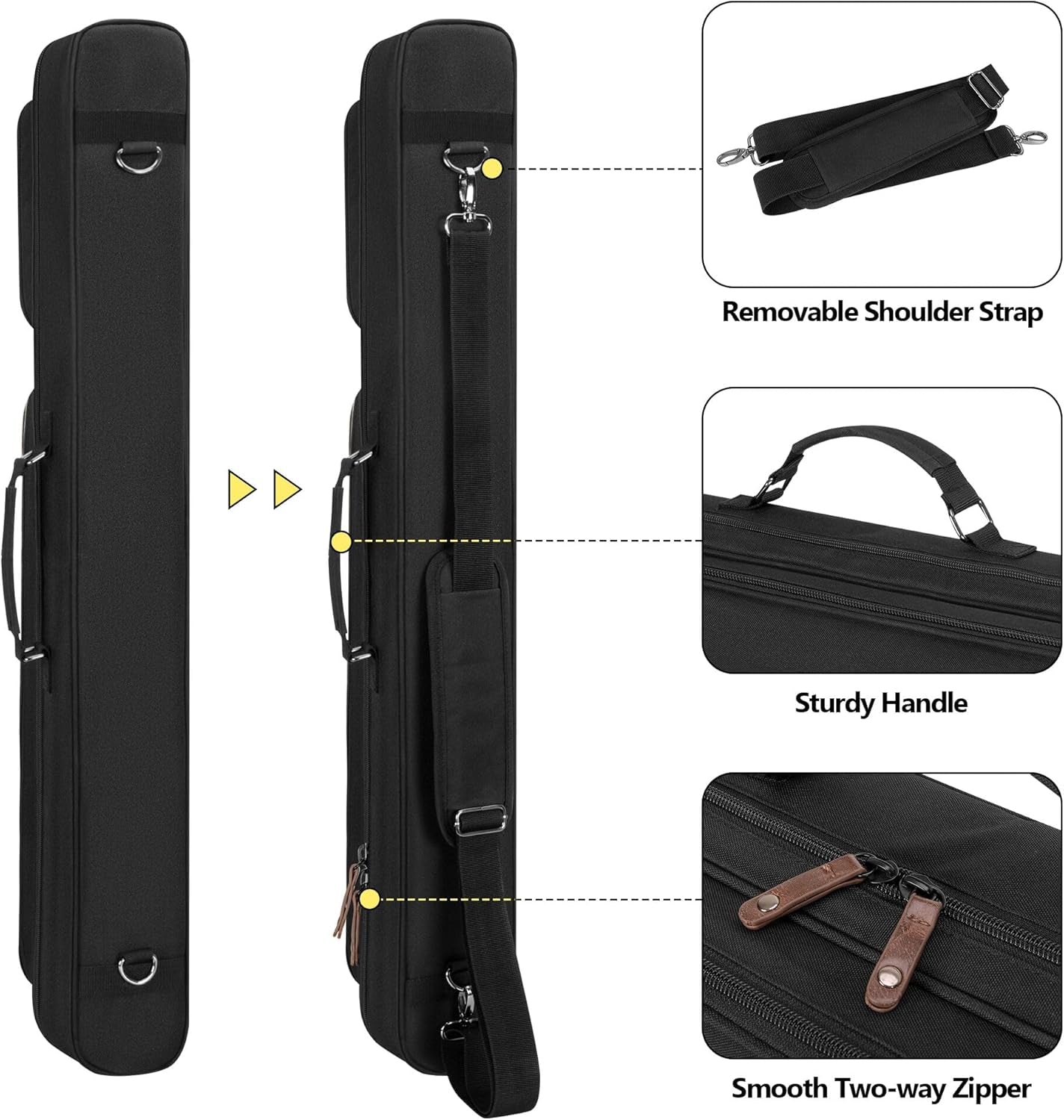2X2 Pool Cue Case Holds 2 Butts and 2 Shafts, Billiard Pool Cue Stick Carrying Case Bag with Handle and Detachable Shoulder Strap, Soft Padded Pool Cue Bag with Front Accessory Pocket, Black