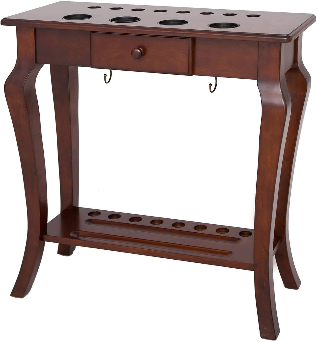 Deluxe Floor Pool Cue Rack - Billiard Rack with Drawer, 4 Cup Holders, 8 Pool Stick Holder Slots & Organizer for Balls and Pool Cue Accessories - Pool Cue Holder for Billiards - Walnut Finish