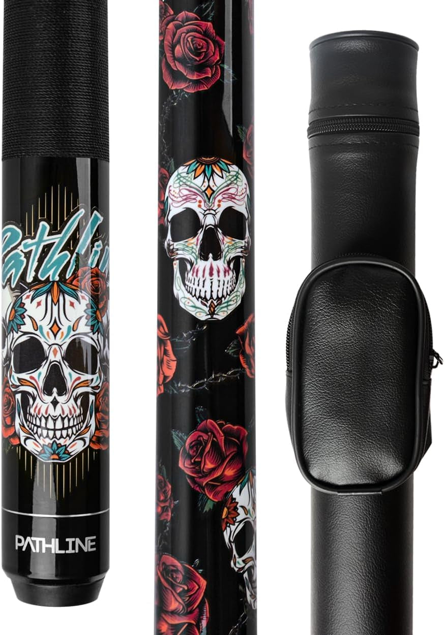 Pool Cue Stick - 58" 13Mm Tip Billiard Cue and Case | Skull Rose Design, Hard Maple Shaft, Linen Wrap, 18-21Oz Weight, Cue & Case Kit, for Serious Player