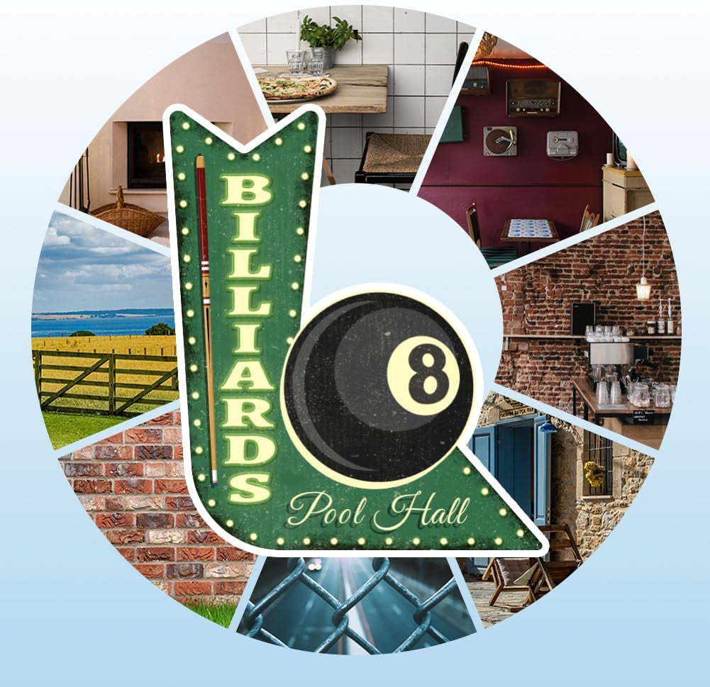 Billiards Vintage Metal Tin Sign 9.1X10.6Inch Retro Arrow Sign Plaque Poster Pool Hall Metal Wall Decorative Tin Signs for Pool Hall Billiard Room Restaurant Coffee Shop Club Bar Decoration