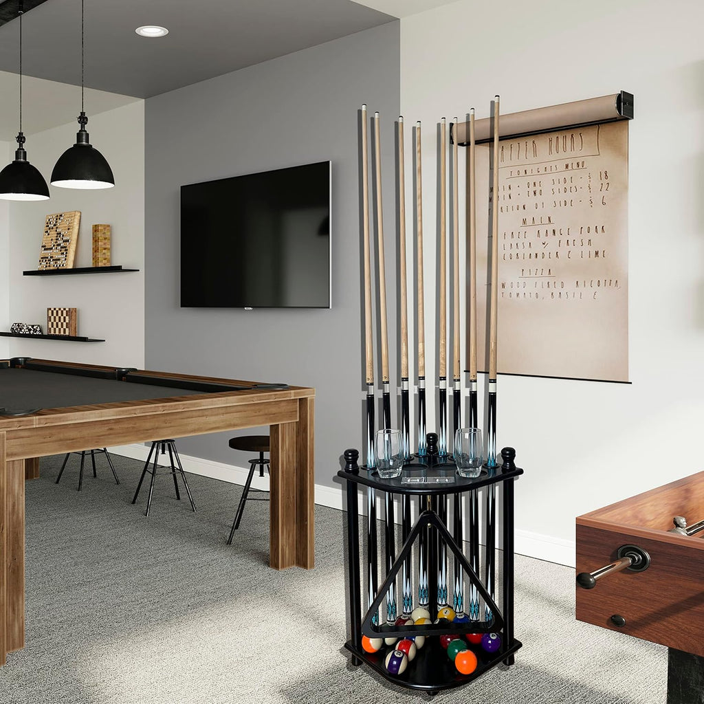 Floor Standing Pool Cue Rack Hold 8 Cue Sticks & Pool Table Accessories, Solid Wood Pool Stick Holder, Corner Pool Cue Holder with Ball Rack Hook & Scorer Counter