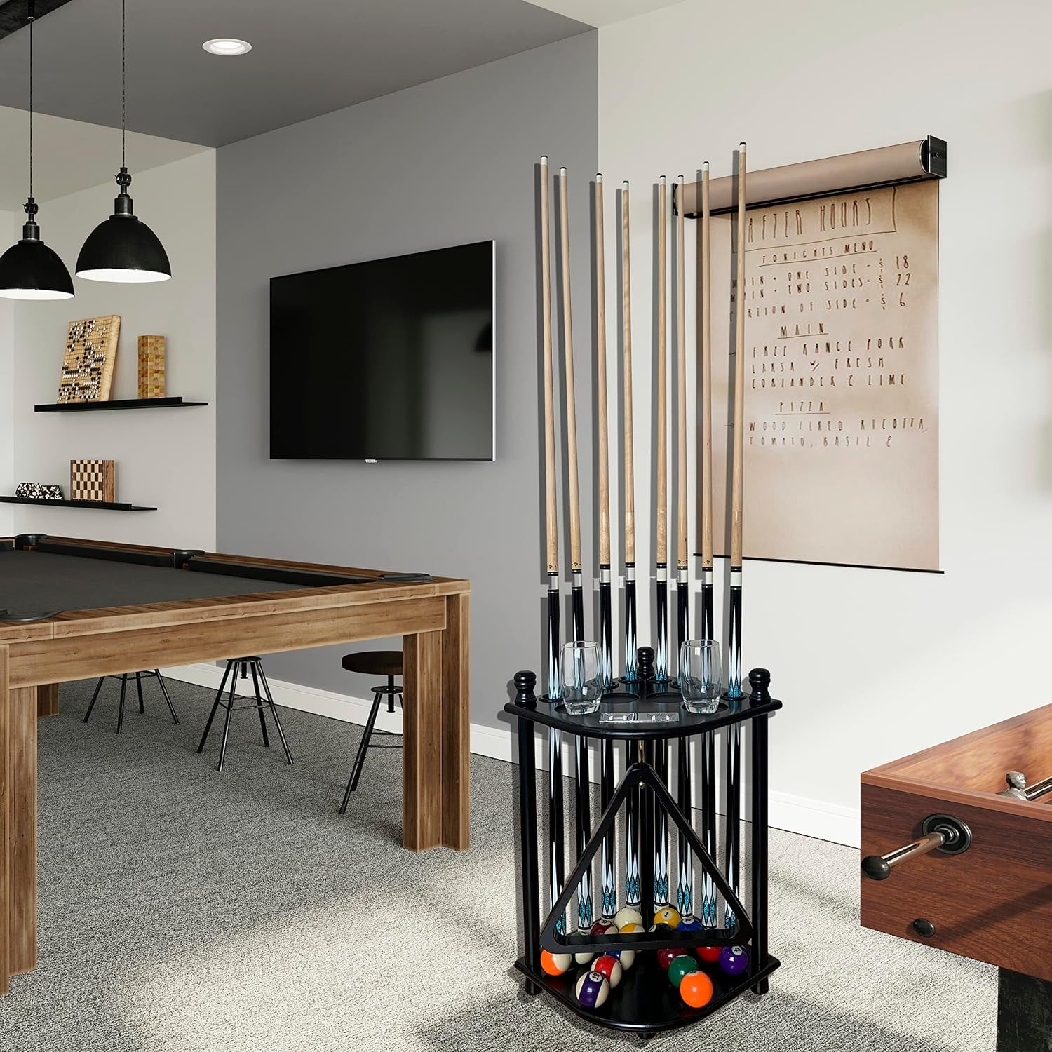 Floor Standing Pool Cue Rack Hold 8 Cue Sticks & Pool Table Accessories, Solid Wood Pool Stick Holder, Corner Pool Cue Holder with Ball Rack Hook & Scorer Counter