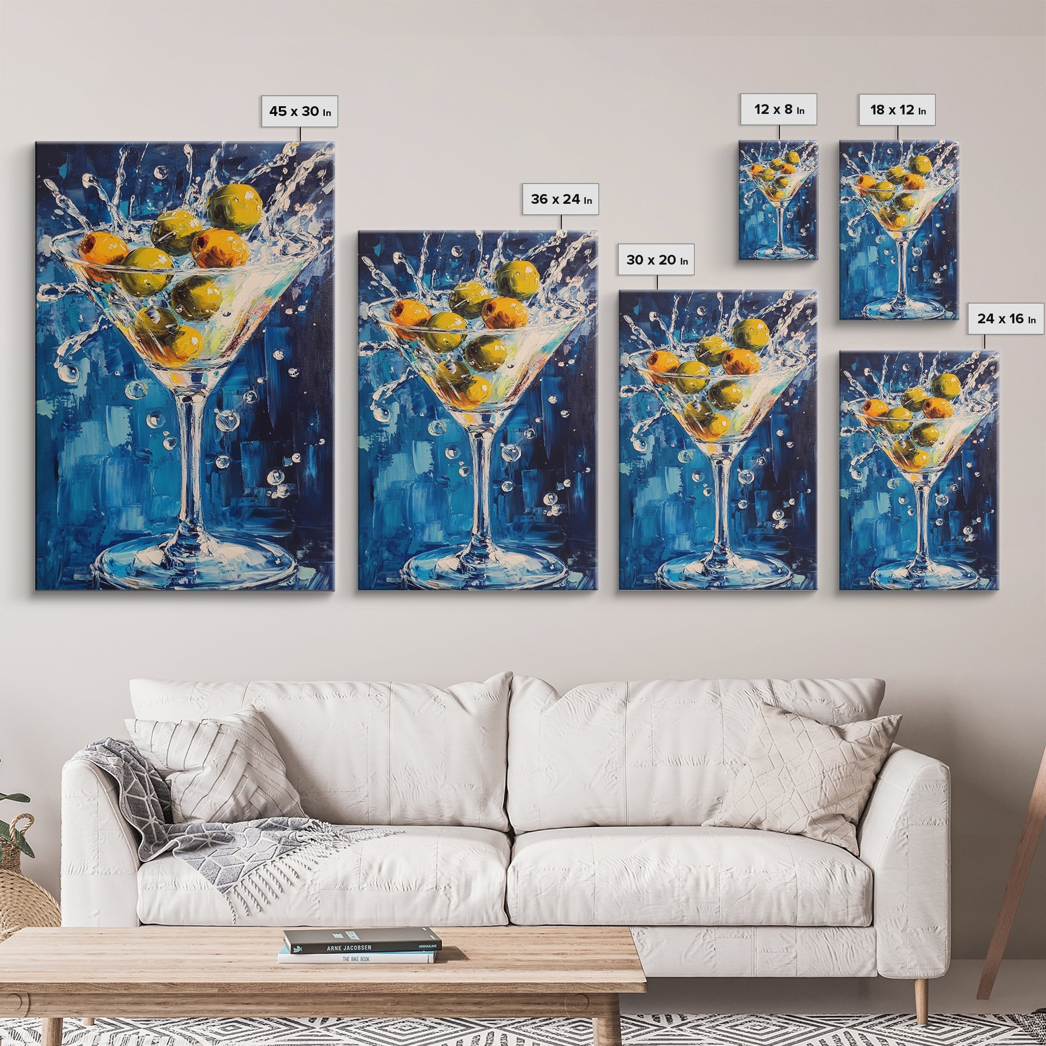 Splashing Olive Martini Canvas Print with Vibrant Cocktail Art, Perfect Bar Decor and Kitchen Wall Art Statement Piece