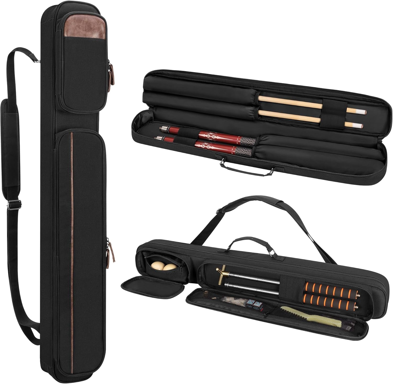 2X2 Pool Cue Case Holds 2 Butts and 2 Shafts, Billiard Pool Cue Stick Carrying Case Bag with Handle and Detachable Shoulder Strap, Soft Padded Pool Cue Bag with Front Accessory Pocket, Black