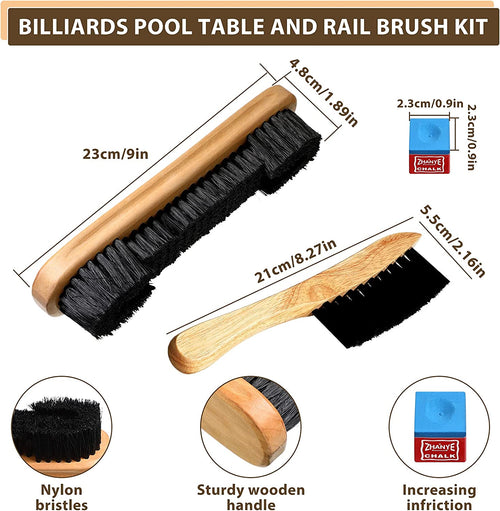 3 Set Billiards Pool Table and Rail Brush Including 12 Pieces Pool Cue Chalk Cubes Snooker Table Wooden Cleaning Brush Kit Table Billiards Accessories, 9 Inches (Beige)