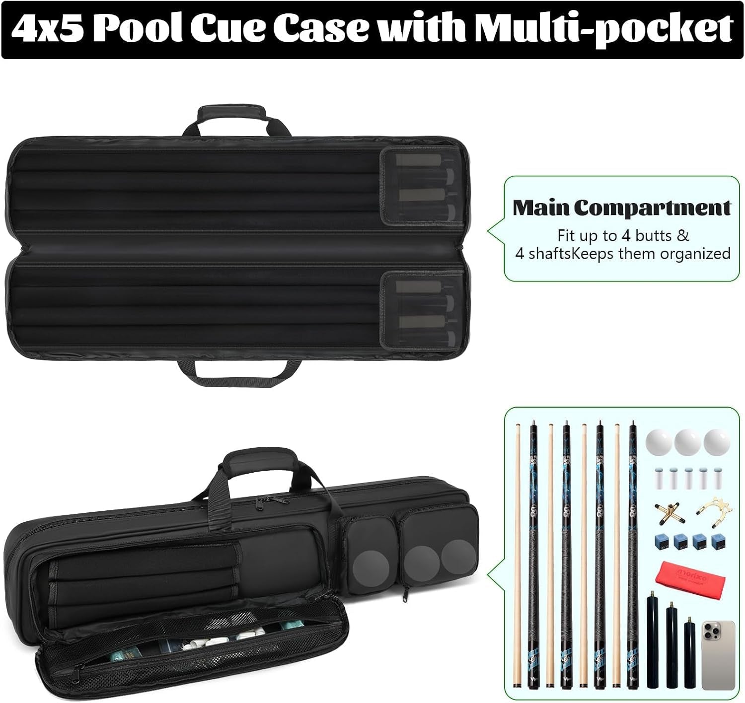 Pool Cue Case 4X4, Pool Stick Case Cue Bag with Hidden Backpack-Strap, Cue Stick Case Holds 4 Butts and 4 Shafts, Billiard Pool Cue Carrying Case with Large Front Accessory Pockets and 1 Cue Ball Case