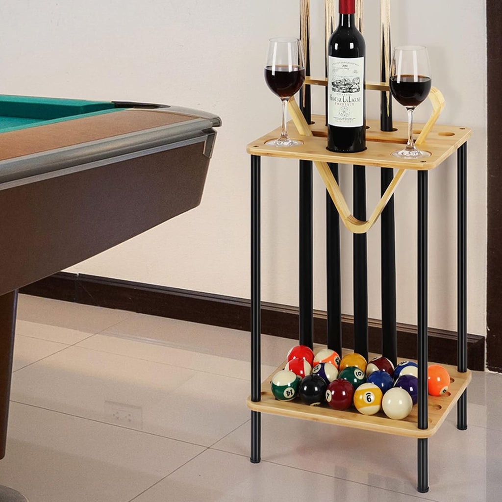 Billiard Accessories - Wooden Pool Cue Rack Holds 6 Sticks, Floor Stand, Wood Color