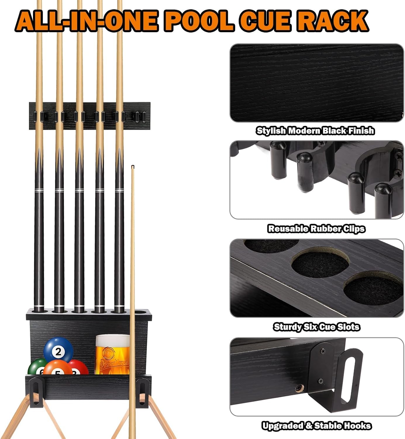 Wall Mount Pool Stick Holder, 6 Cues Pool Cue Holder Pool Table Accessories, Pool Cue Rack Hardwood Pool Cue Set, Rustic Storage Pool Table Accessories Equipment Organizer