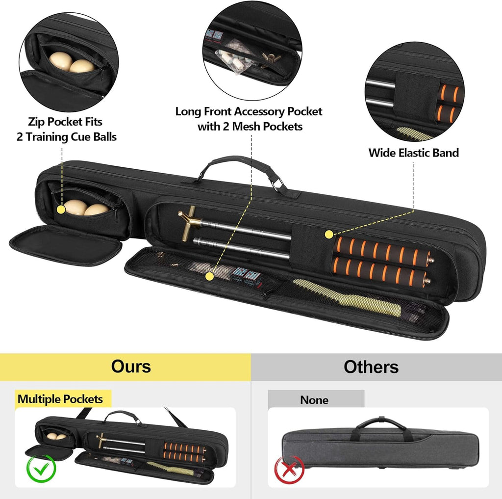 2X2 Pool Cue Case Holds 2 Butts and 2 Shafts, Billiard Pool Cue Stick Carrying Case Bag with Handle and Detachable Shoulder Strap, Soft Padded Pool Cue Bag with Front Accessory Pocket, Black