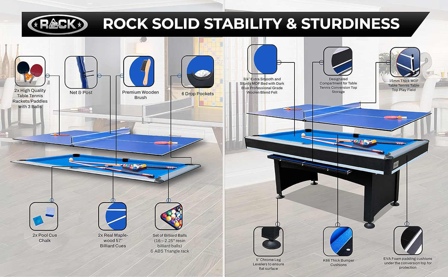 Scorpius 7-Foot Multi-Game Pool Table - Full-Size Billiards with Table Tennis Top