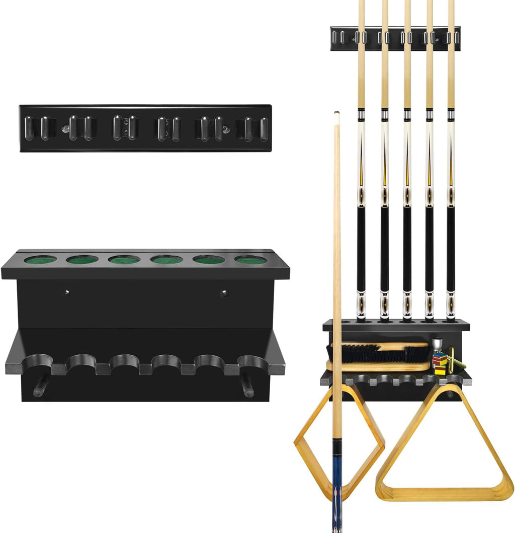 Pool Stick Holder Pool Cue Rack Wall Mount Pool Cue Holder for 6 Sticks Billiard Pool Table Accessories Organizer, Black