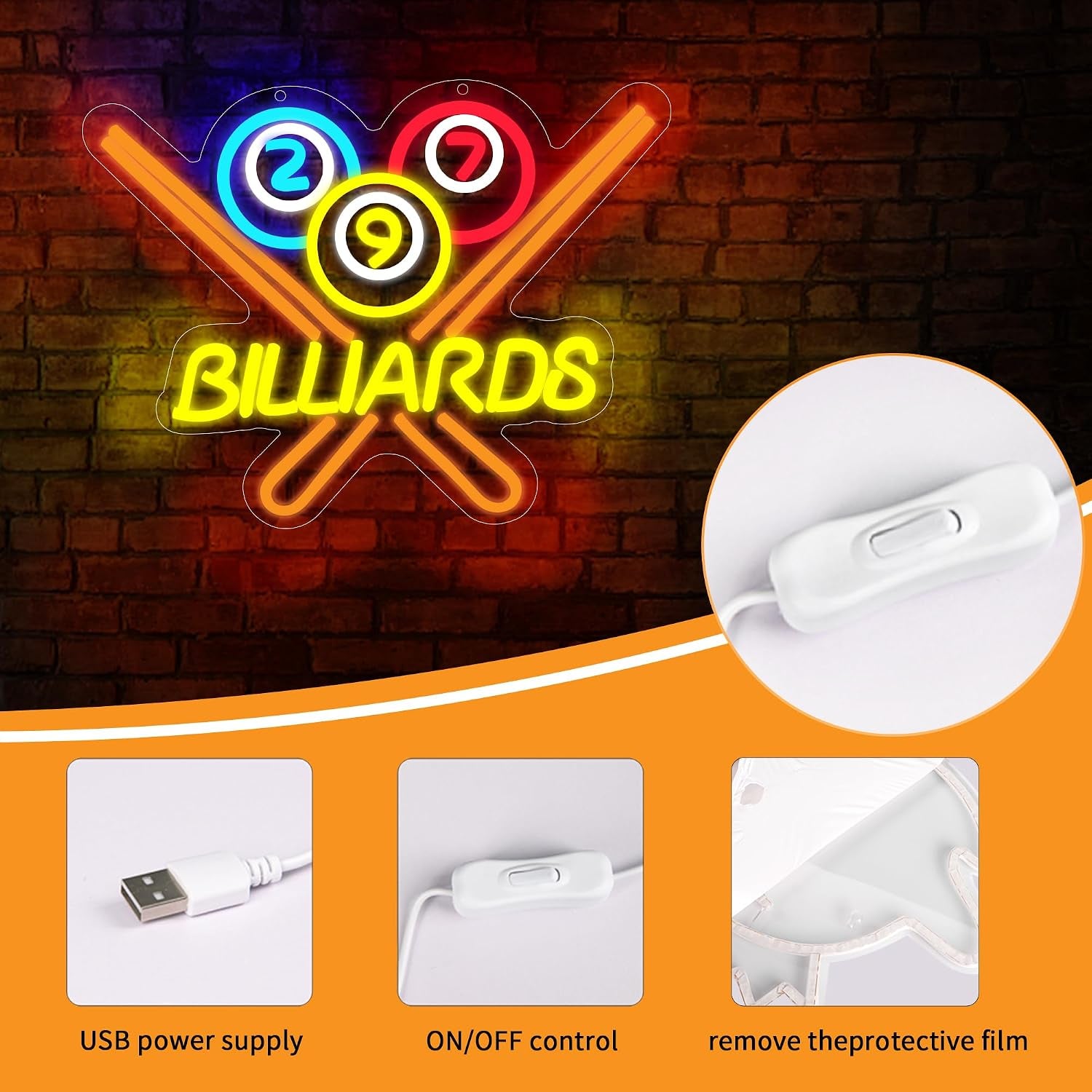 Billiards Neon Sign for Wall Decor Billiards LED Light for Man Cave | Pool Room Led Light, Snooker Club Decor, Billiards Room Ornament, Gift for Billiards Lovers, Size 13.8*11.4 In