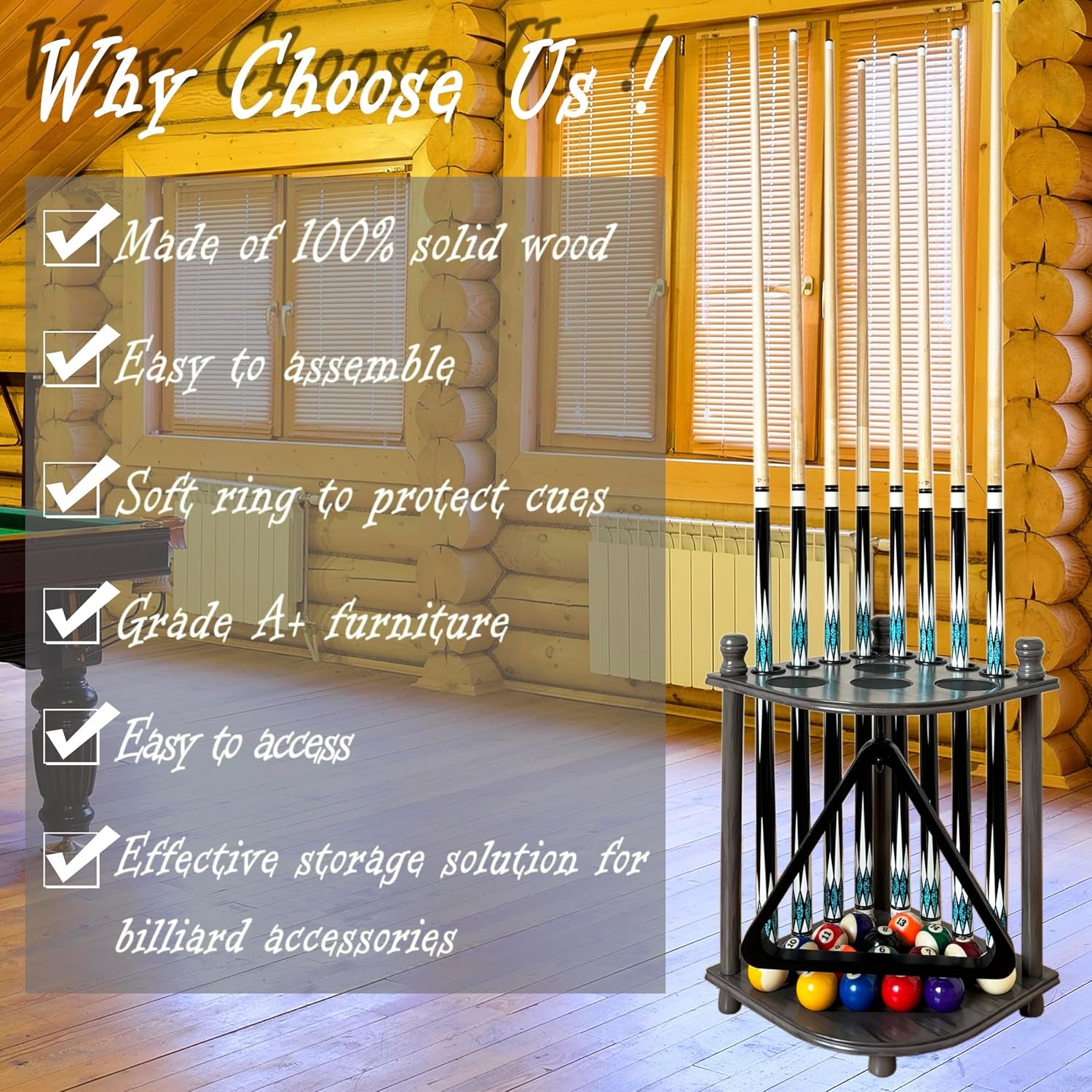 Pool Cue Rack Hold up to 8 Sticks & Billiard Accessories. Floor Stand Pool Cue Stick Holder Made of 100% Solid Hardwood.(Grey)