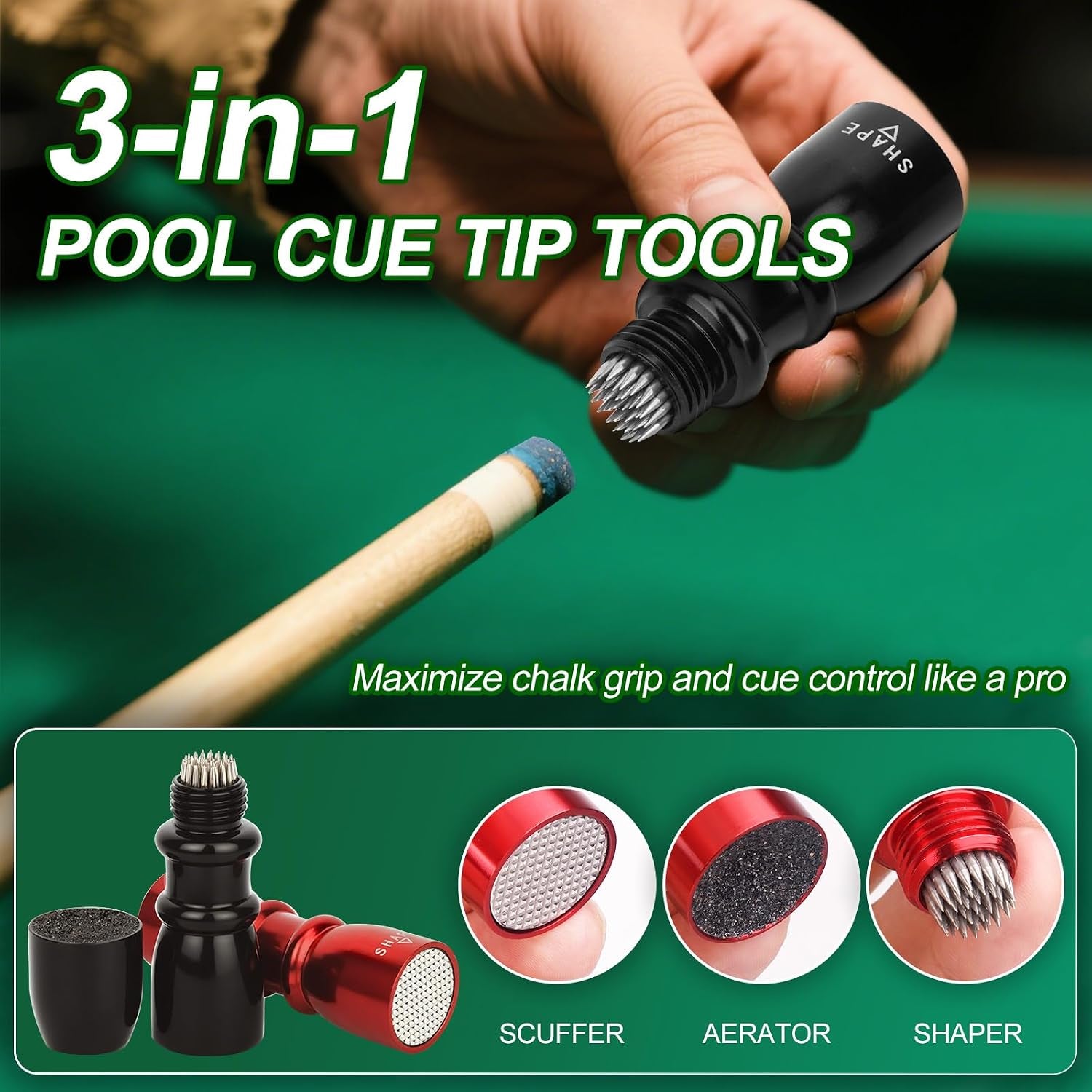 2 Pack Premium Pool Cue Tip Tools, 3-In-1 Billiard Cue Tip Shaper, Compact Billiards Pool Accessories & Tip Repair Kit, Gift for Friends or Pool Lovers