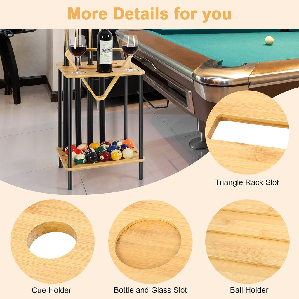 Billiard Accessories - Wooden Pool Cue Rack Holds 6 Sticks, Floor Stand, Wood Color
