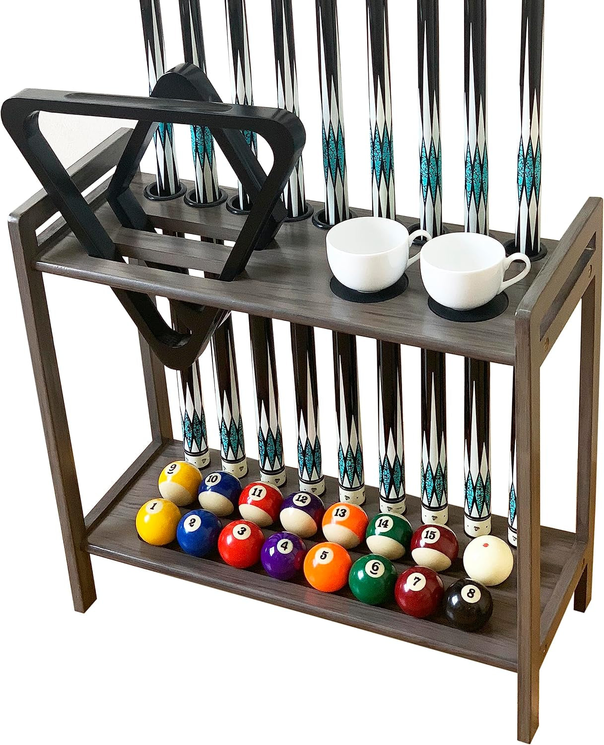 Pool Stick Holder Floor Stand Holds 9 Cues & Pool Table Accessories. Wooden 2-Tier Cue Stick Storage with Ball Rack Hangers, Billiard Cone Chalk Holder or Drink Pads