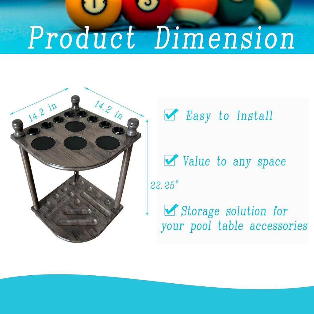 Pool Cue Rack Hold up to 8 Sticks & Billiard Accessories. Floor Stand Pool Cue Stick Holder Made of 100% Solid Hardwood.(Grey)