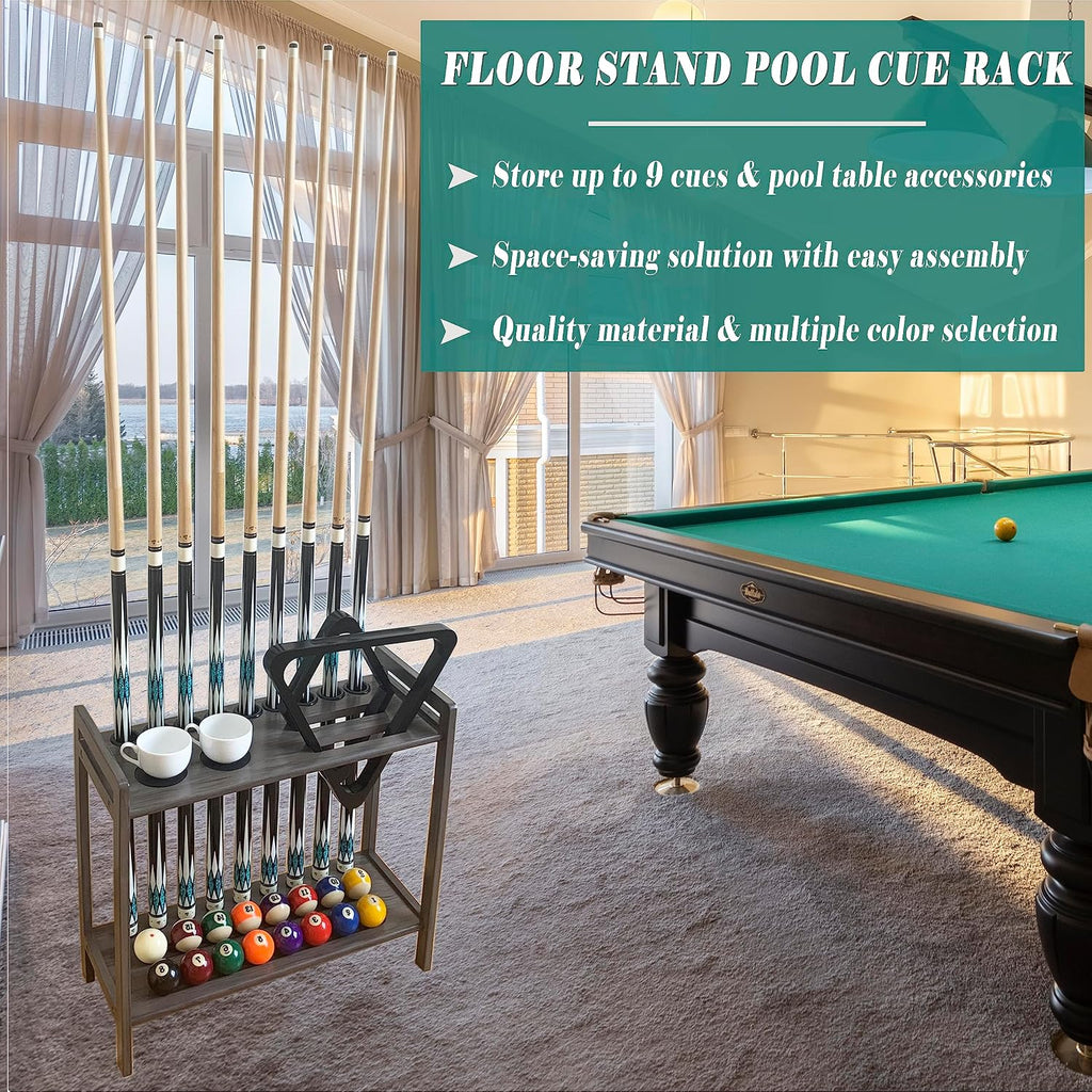 Pool Stick Holder Floor Stand Holds 9 Cues & Pool Table Accessories. Wooden 2-Tier Cue Stick Storage with Ball Rack Hangers, Billiard Cone Chalk Holder or Drink Pads