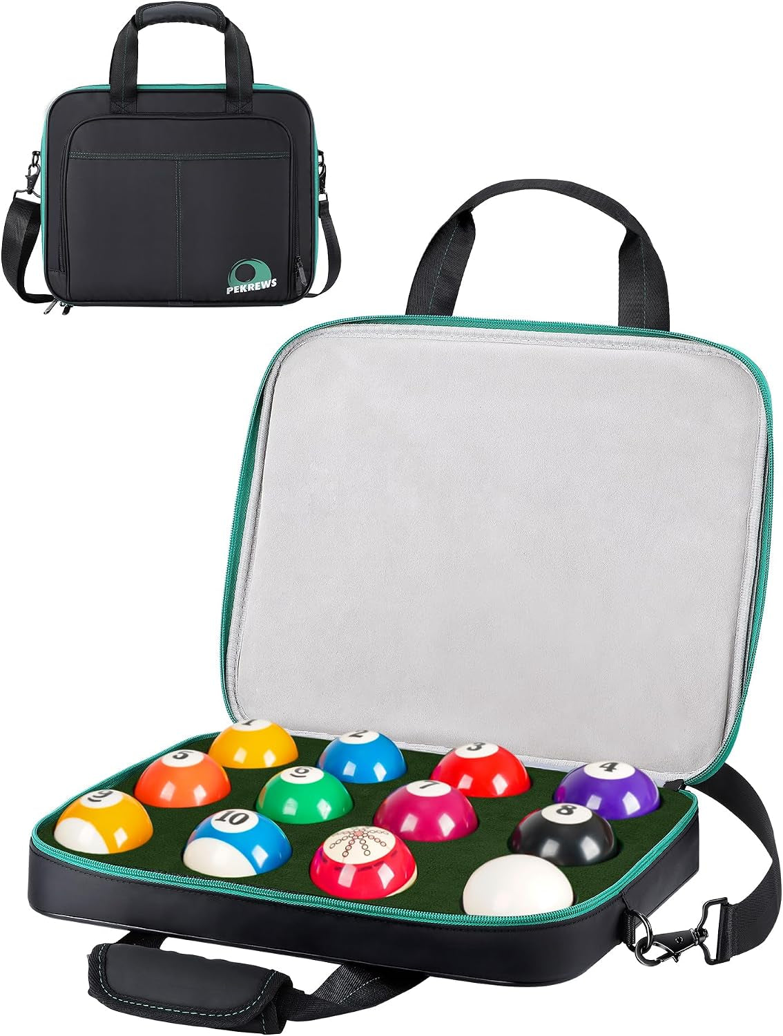 Billiard Carrying Bag Fit 17 or 12 2-1/4'' Billiards Ball Set | Padded Pool Ball Case, Carry Handle and Shoulder Strap, Pool Ball Holder for Accessories, Travel Storage Box, Bag Only