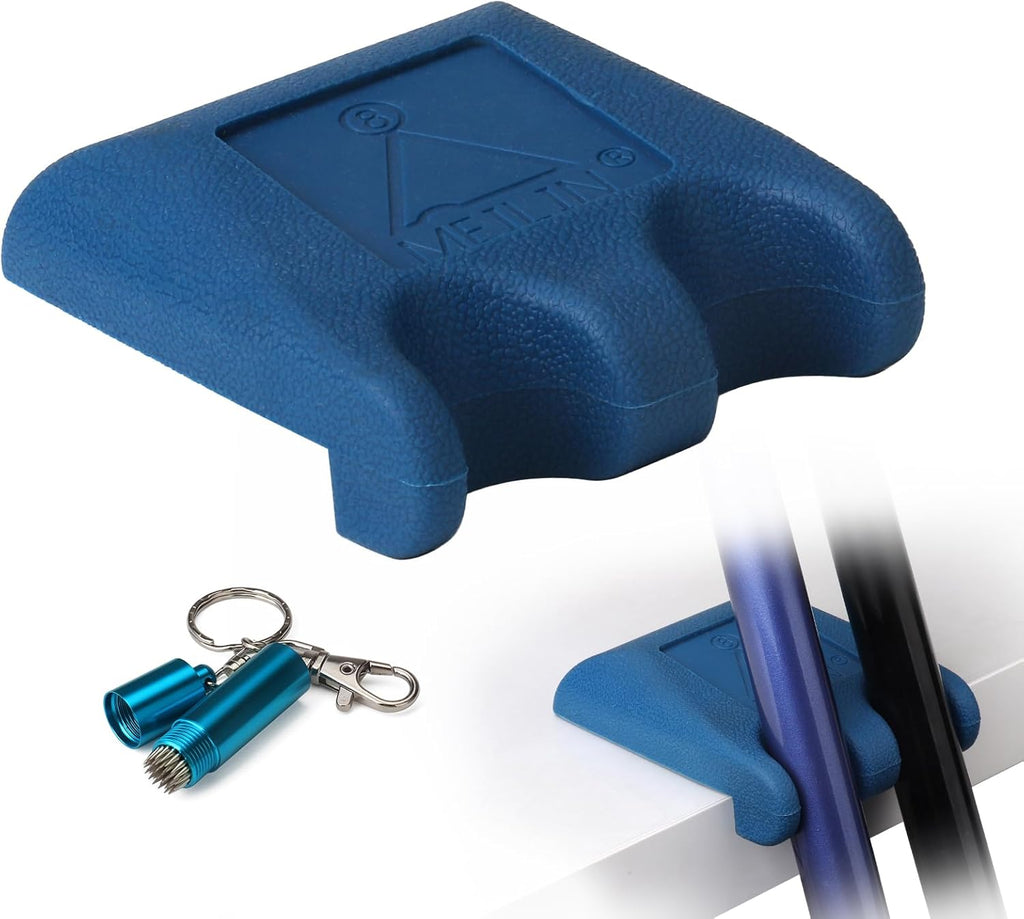 Portable Cue Holder - 2 Cue Weighted Rubber 2 Hole Stick Holder with Tip Tool (Blue)