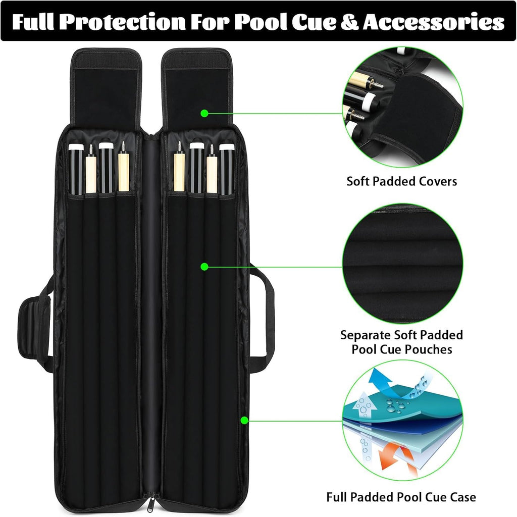 Pool Cue Case 4X4, Pool Stick Case Cue Bag with Hidden Backpack-Strap, Cue Stick Case Holds 4 Butts and 4 Shafts, Billiard Pool Cue Carrying Case with Large Front Accessory Pockets and 1 Cue Ball Case