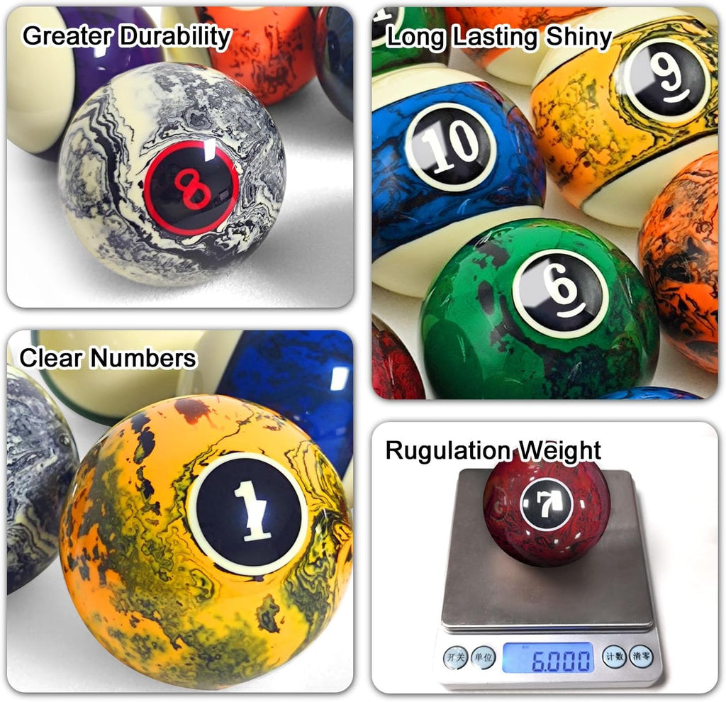Marble Swirl Style Pool Balls Set Professional 2 1/4-Inch Billiard Balls for Pool Table Complete 16-Piece Regulation Pool Ball Set