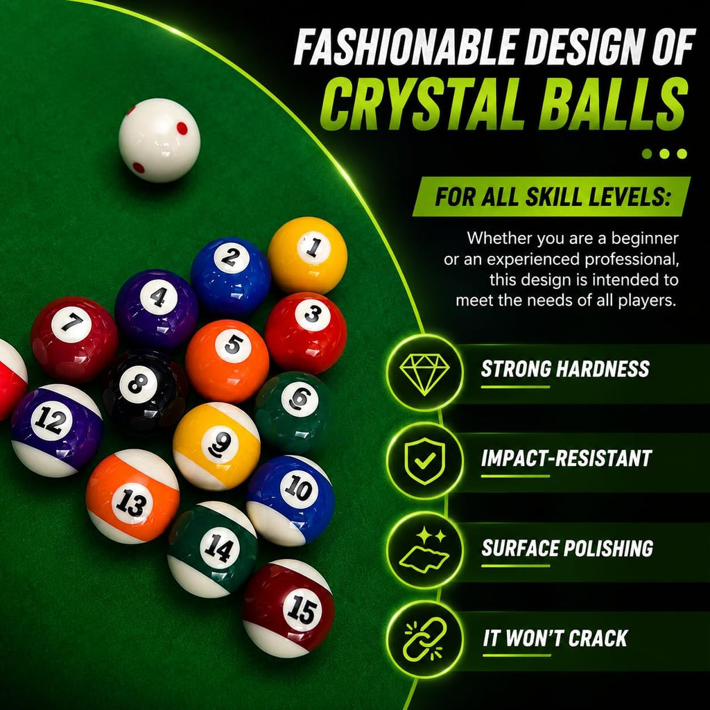 Billiard Balls Set, 2-1/4" Regulation Size Pool Table Balls, Complete 16 Resin Pool Ball Set with Cue Ball, Smooth True Roll, Polished Finish for 8-Ball & Home Bar Tables