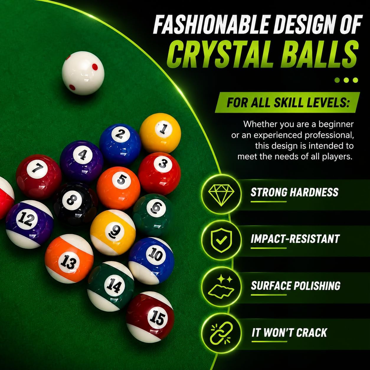 Billiard Balls Set, 2-1/4" Regulation Size Pool Table Balls, Complete 16 Resin Pool Ball Set with Cue Ball, Smooth True Roll, Polished Finish for 8-Ball & Home Bar Tables