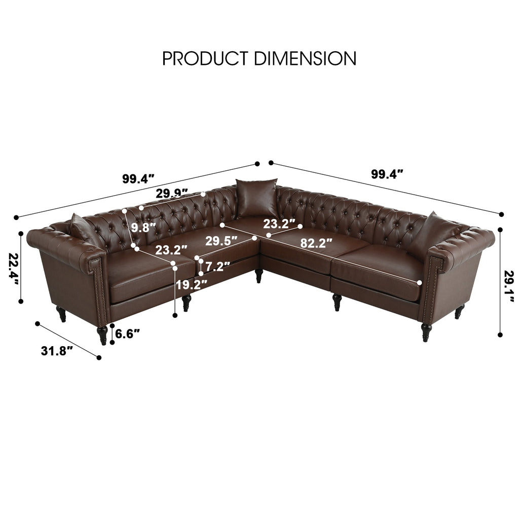 Man cave Sofa Couch for garage, Living Room, L Shaped Reversible Modern Chesterfield Sofa with Rolled Arms and Nailhead, 5 Seat Tufted Couch for Small or Large Space(Dark Brown) PU Leather