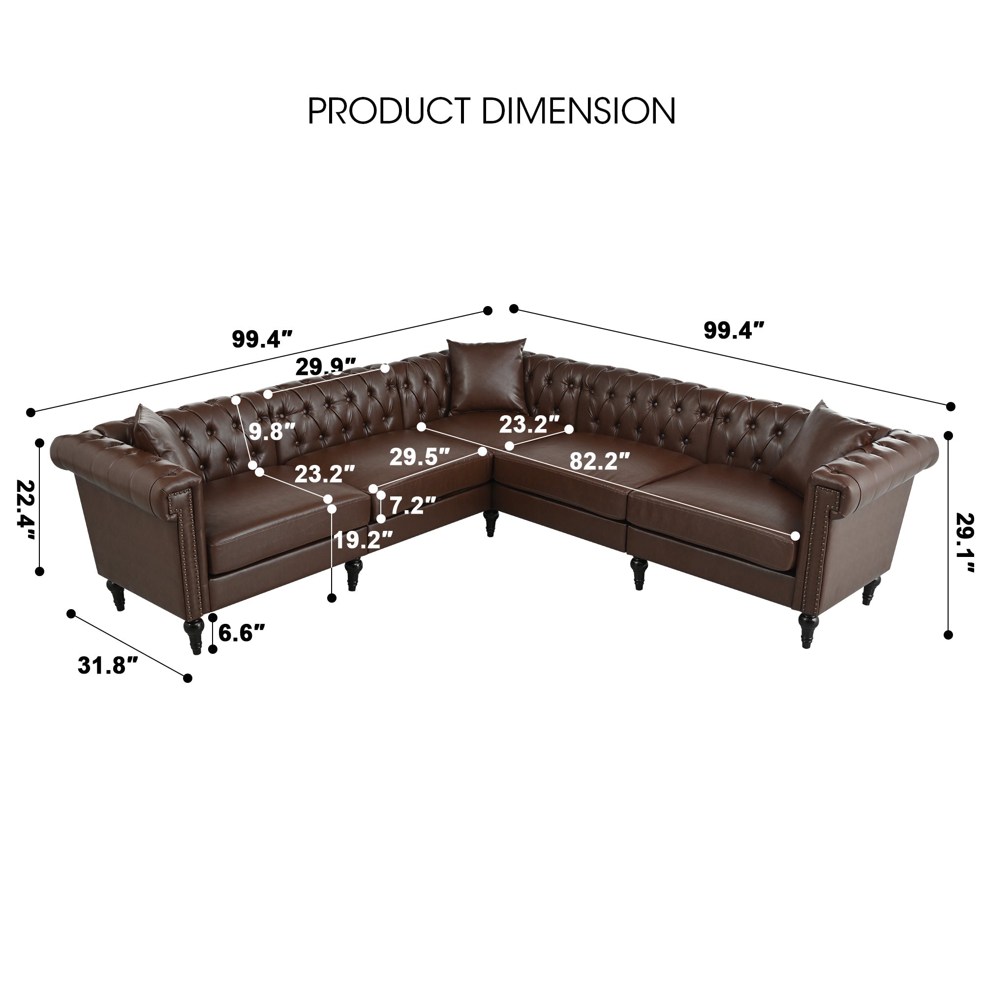 Man cave Sofa Couch for garage, Living Room, L Shaped Reversible Modern Chesterfield Sofa with Rolled Arms and Nailhead, 5 Seat Tufted Couch for Small or Large Space(Dark Brown) PU Leather