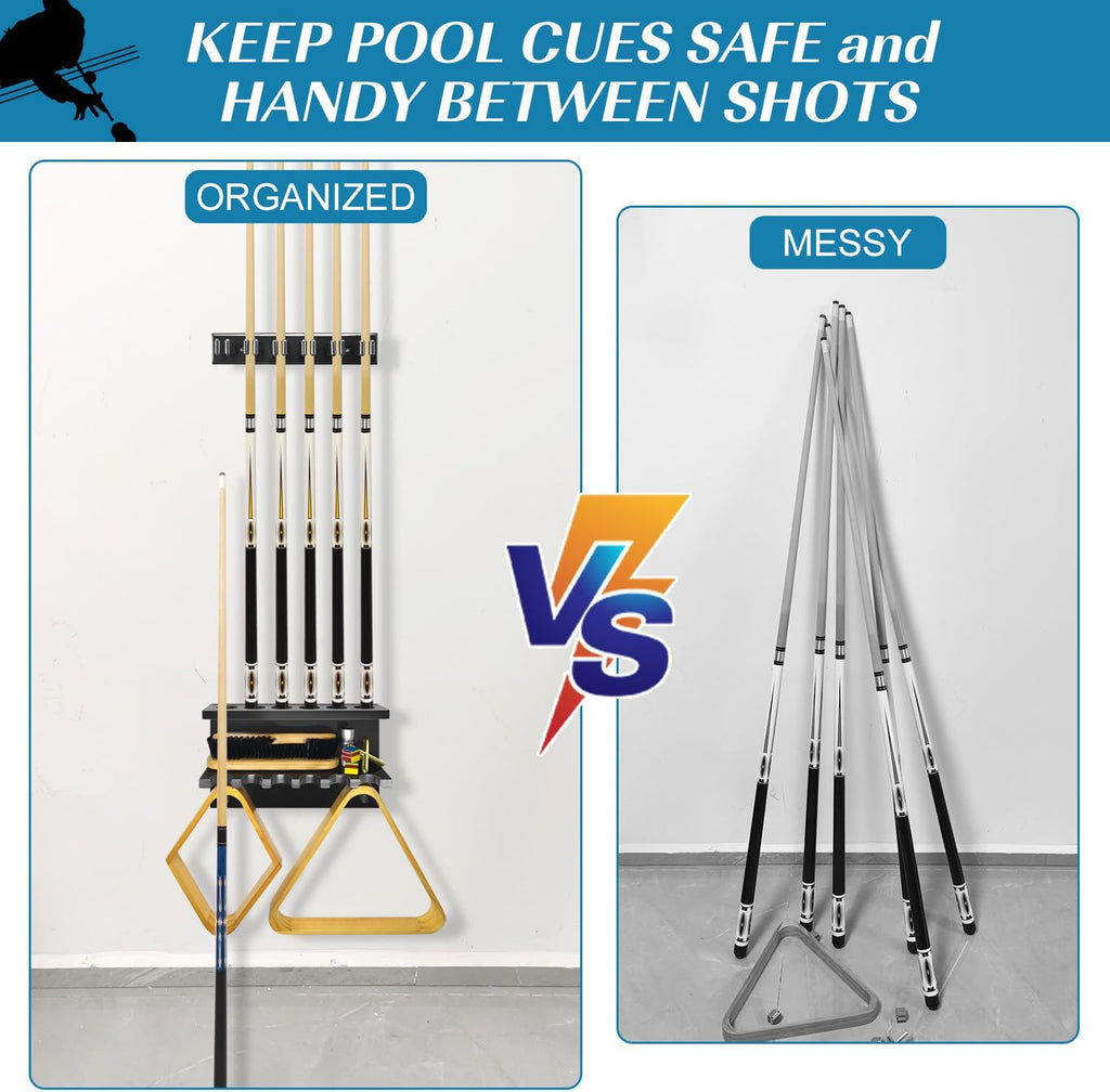 Pool Stick Holder Pool Cue Rack Wall Mount Pool Cue Holder for 6 Sticks Billiard Pool Table Accessories Organizer, Black