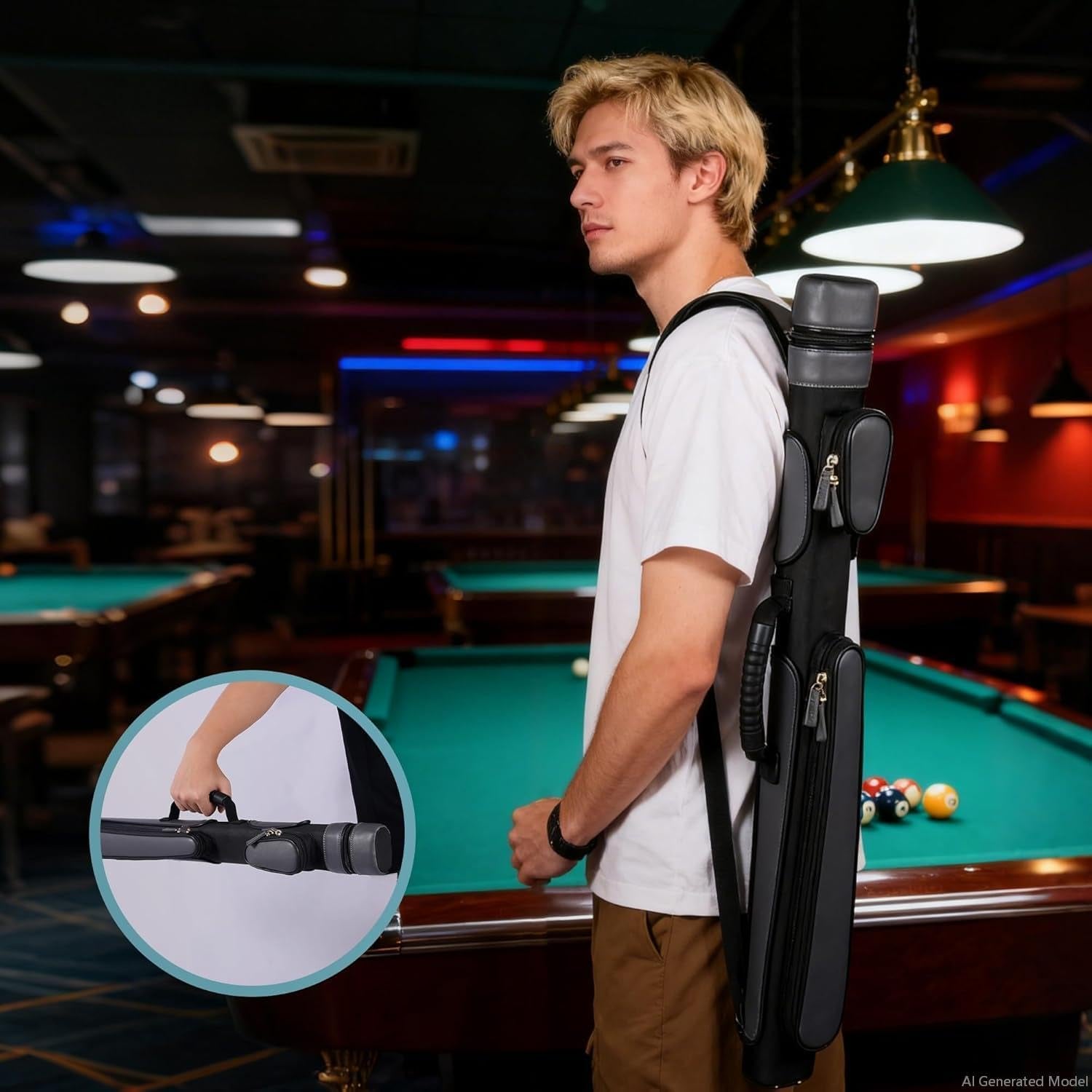 Pool Cue Case, Hard Pool Stick Case 1X1 | Holds 1 Complete 2-Piece Cue, 2 Zipper Pockets, Shoulder Strap Handle, Waterproof Microfiber Leather, for Man Women