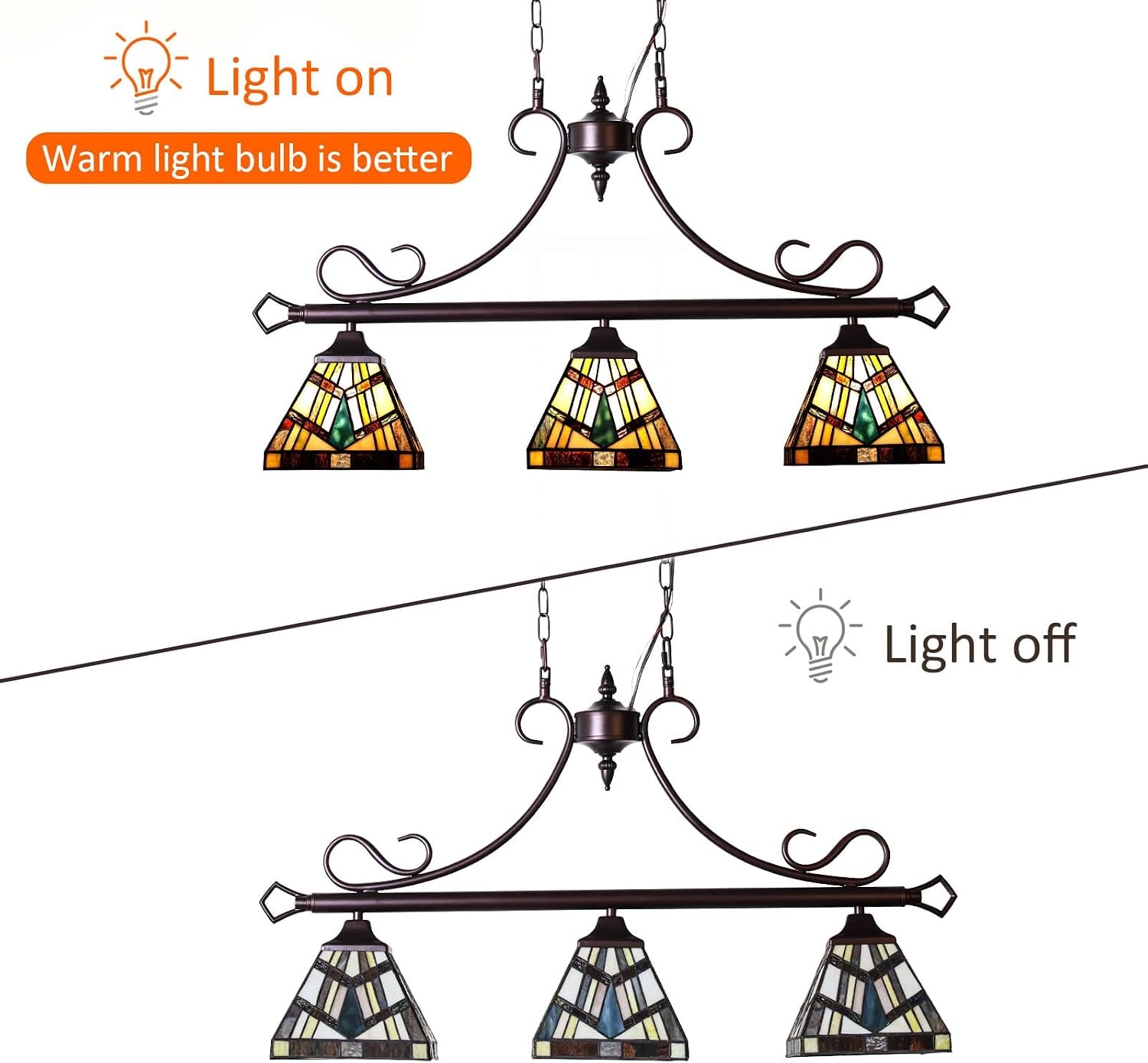 Tiffany Cream Amber Stained Glass Pool Table Light Chandelier | 3-Light,7" Wide Pendant Light,For Dining Room Kitchen Island Pool Table Billiard Hall