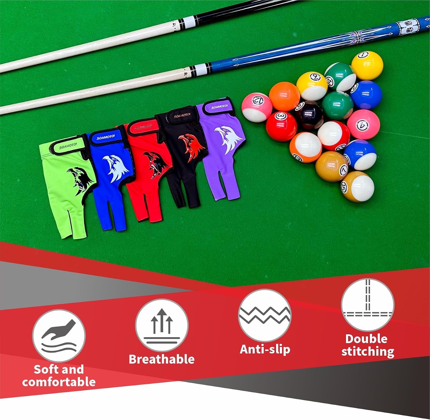 Pool Glove Left Hand 3 Finger for Right-Handed Player, Breathable Billiards Glove Quick Dry, Durable Pool Cue Gloves, Professional Snooker Cue Gloves for Billiards Accessories
