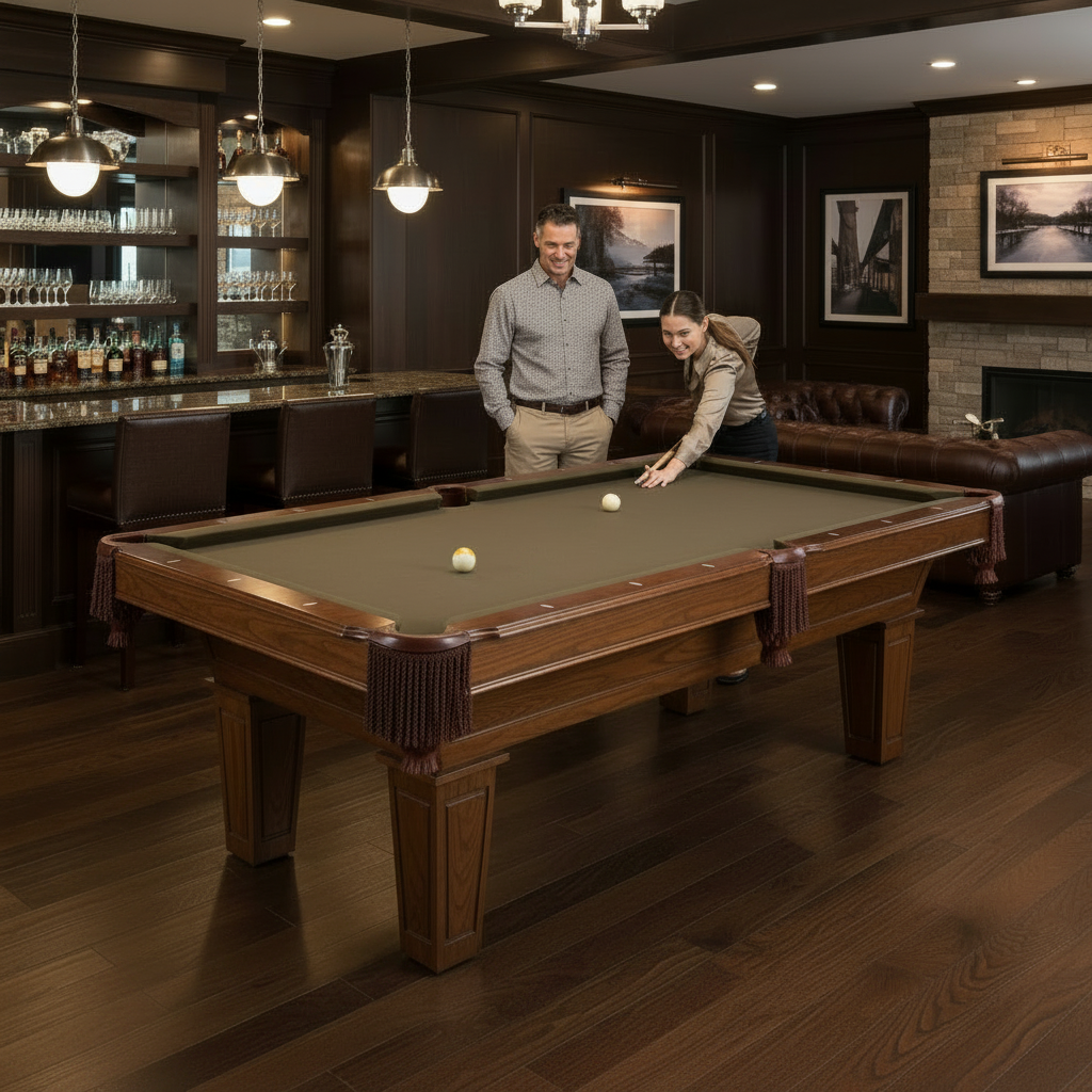 7Ft Brown Wool Cloth Top Pool Table with 2 Cues and Billiards Balls