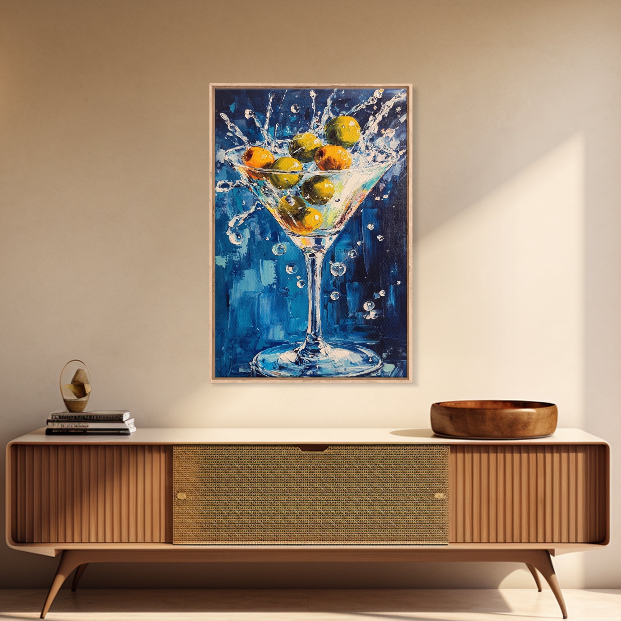 Splashing Olive Martini Canvas Print with Vibrant Cocktail Art, Perfect Bar Decor and Kitchen Wall Art Statement Piece