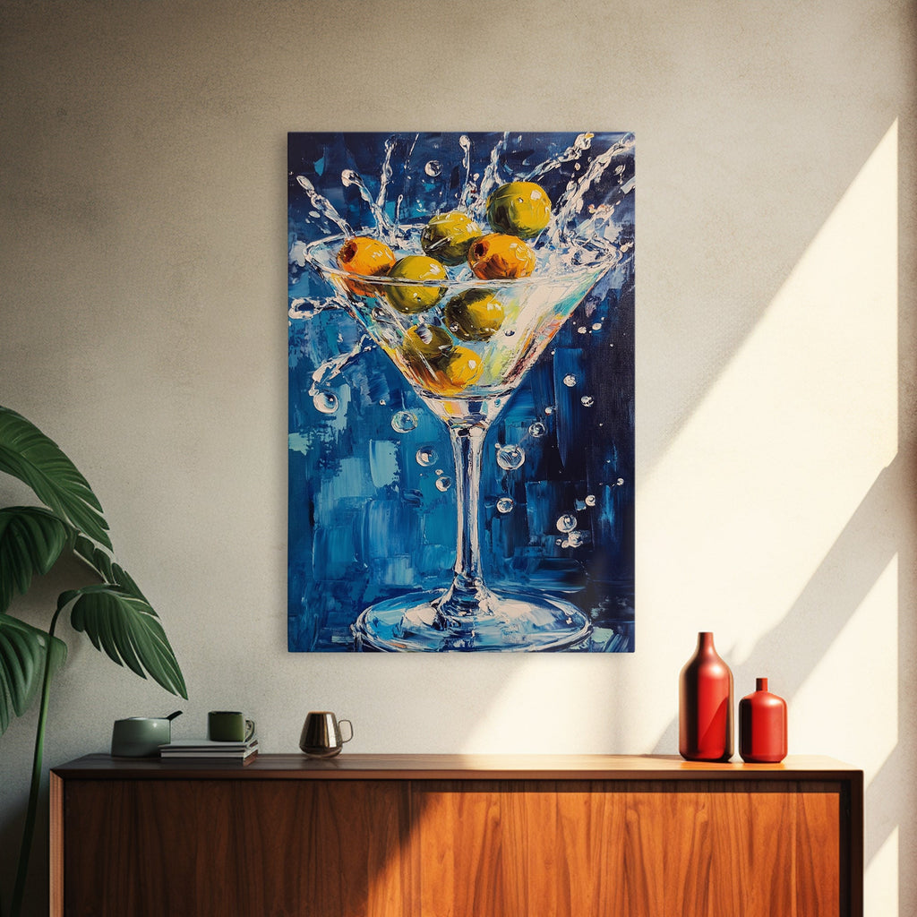 Splashing Olive Martini Canvas Print with Vibrant Cocktail Art, Perfect Bar Decor and Kitchen Wall Art Statement Piece