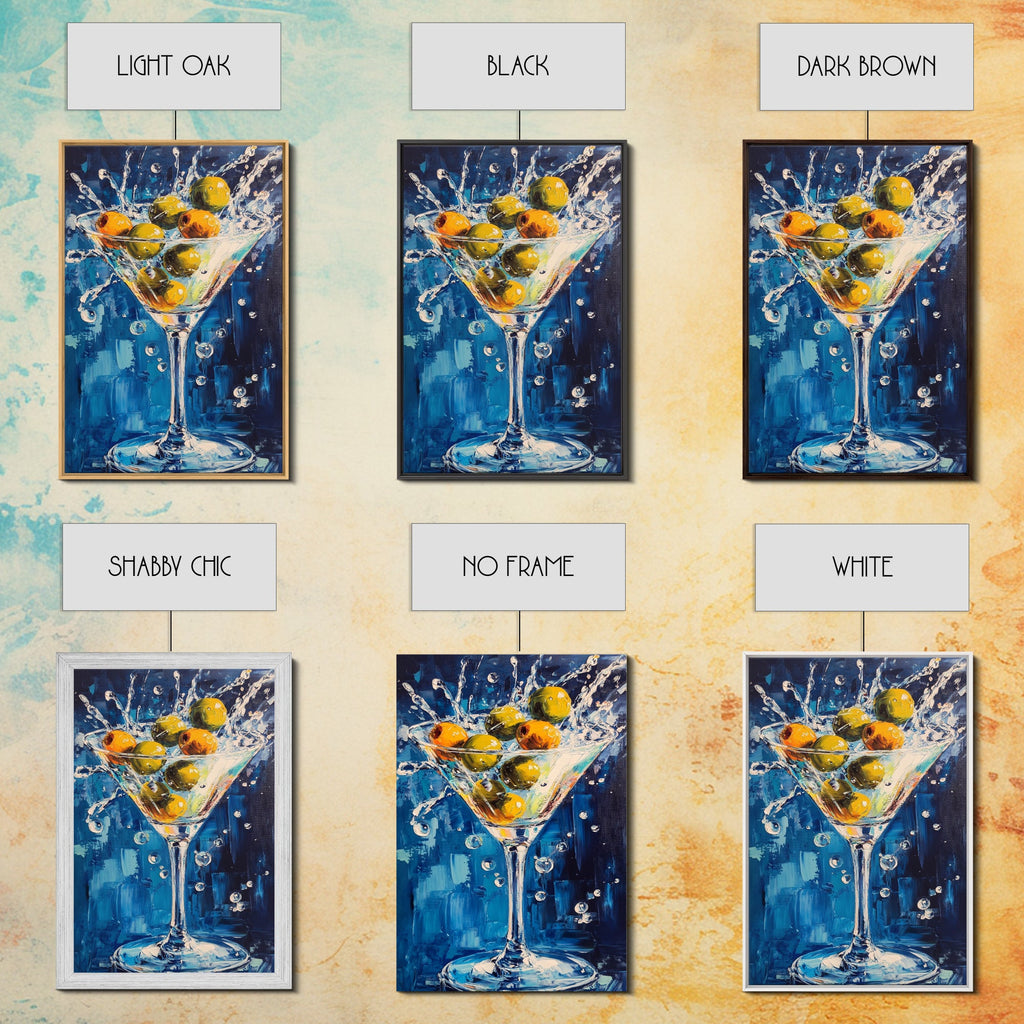 Splashing Olive Martini Canvas Print with Vibrant Cocktail Art, Perfect Bar Decor and Kitchen Wall Art Statement Piece