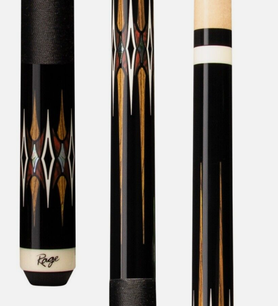 Rage Hidden Shadows Cue - Black with Bocote, Cocobolo/Mother-of-Pearl Graphic, Black Nylon Wrap