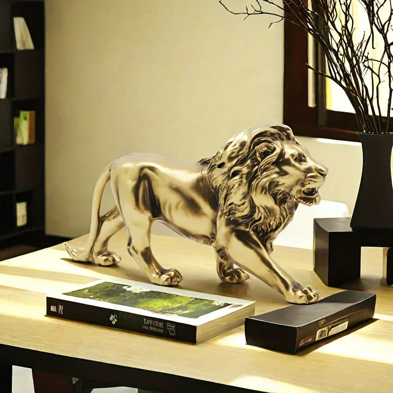 Vintage-Inspired Bronze Lion Sculpture - Resin Art Collectible