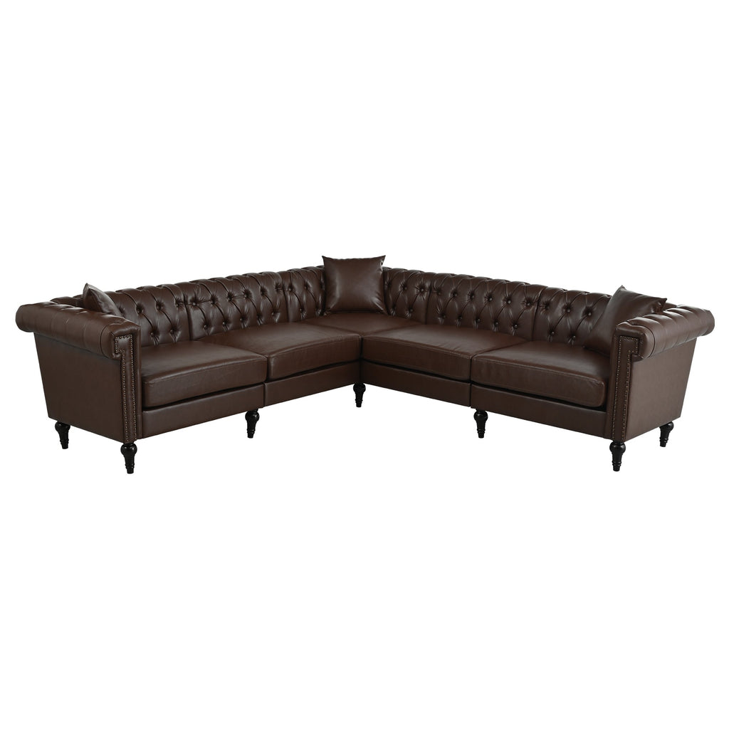 Man cave Sofa Couch for garage, Living Room, L Shaped Reversible Modern Chesterfield Sofa with Rolled Arms and Nailhead, 5 Seat Tufted Couch for Small or Large Space(Dark Brown) PU Leather