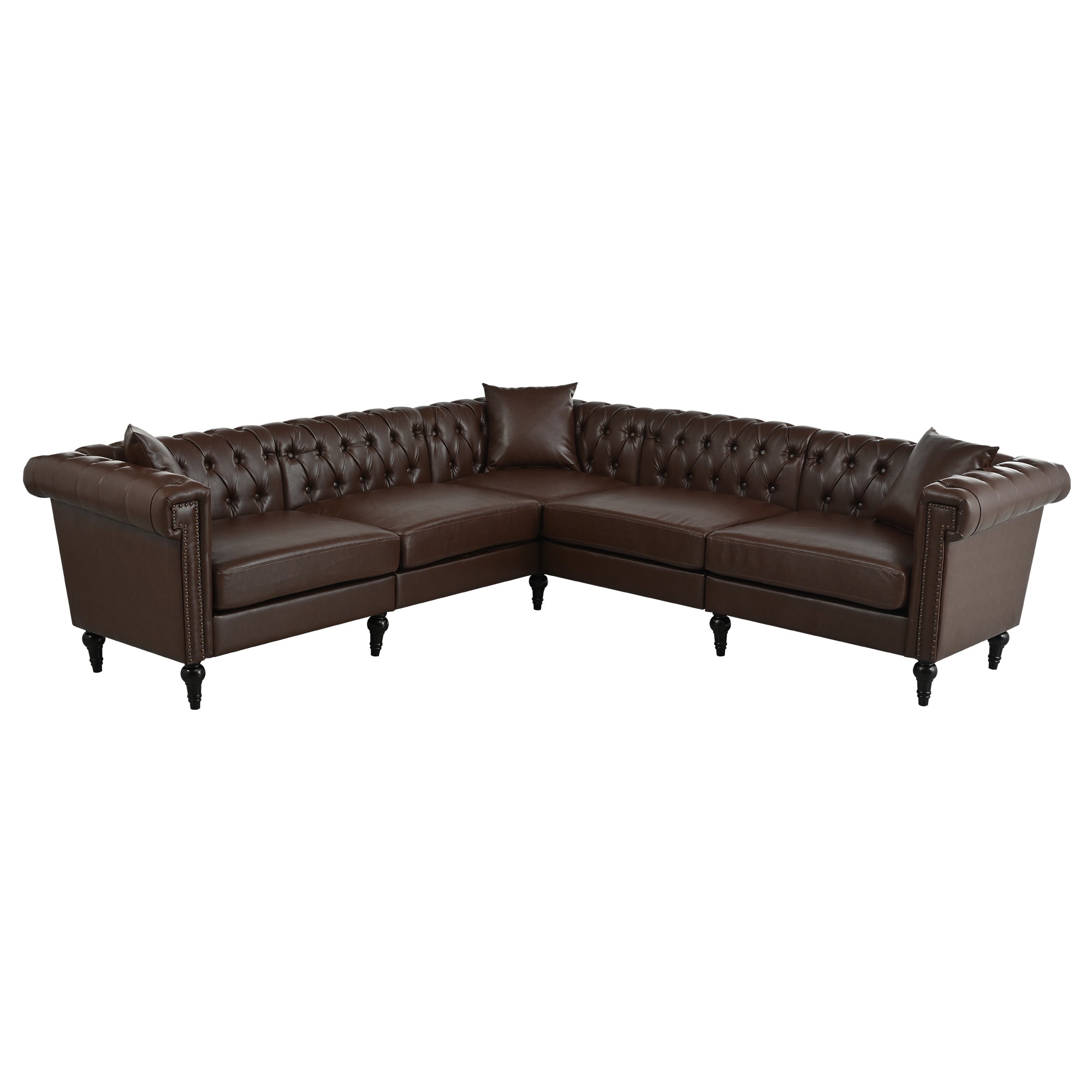 Man cave Sofa Couch for garage, Living Room, L Shaped Reversible Modern Chesterfield Sofa with Rolled Arms and Nailhead, 5 Seat Tufted Couch for Small or Large Space(Dark Brown) PU Leather