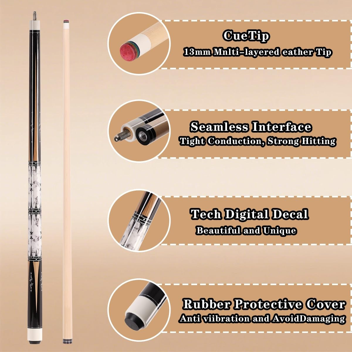 58" Canadian Maple Pool Cue Stick Billiard 13Mm 1/2 Split 2-Piece