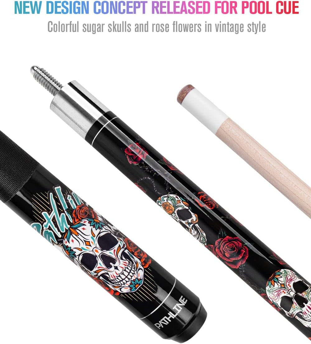 Pool Cue Stick - 58" 13Mm Tip Billiard Cue and Case | Skull Rose Design, Hard Maple Shaft, Linen Wrap, 18-21Oz Weight, Cue & Case Kit, for Serious Player
