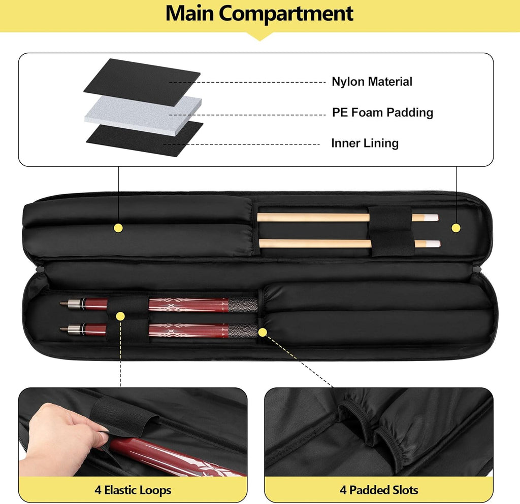 2X2 Pool Cue Case Holds 2 Butts and 2 Shafts, Billiard Pool Cue Stick Carrying Case Bag with Handle and Detachable Shoulder Strap, Soft Padded Pool Cue Bag with Front Accessory Pocket, Black