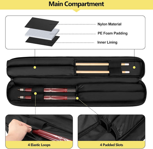 2X2 Pool Cue Case Holds 2 Butts and 2 Shafts, Billiard Pool Cue Stick Carrying Case Bag with Handle and Detachable Shoulder Strap, Soft Padded Pool Cue Bag with Front Accessory Pocket, Black