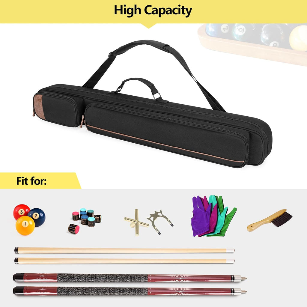 2X2 Pool Cue Case Holds 2 Butts and 2 Shafts, Billiard Pool Cue Stick Carrying Case Bag with Handle and Detachable Shoulder Strap, Soft Padded Pool Cue Bag with Front Accessory Pocket, Black