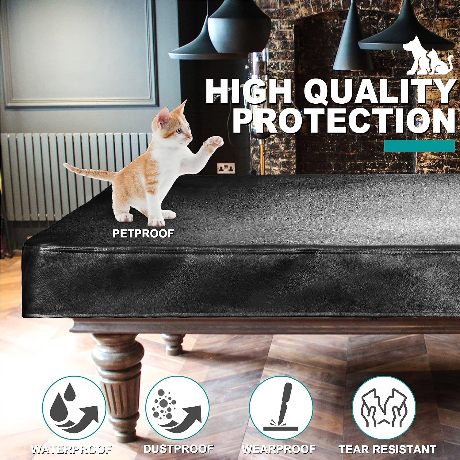 Pool Table Cover, Heavy Duty Leatherette Billiard Table Cover | Waterproof & Tearproof Cover for Pool Table, Black, 7FT-92"LX 52"WX 7"H