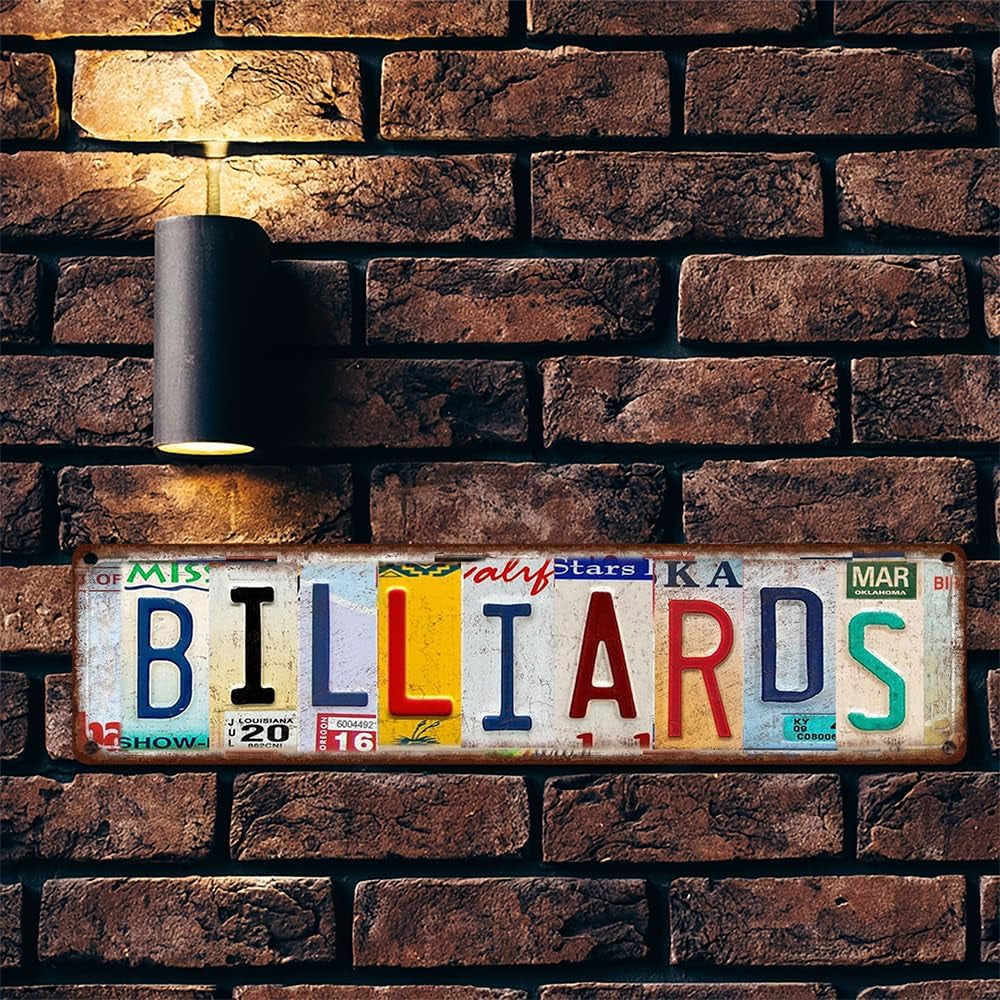 Billiards Metal Sign – Vintage License Plate Style Wall Decor – Rustic Tin Plaque for Man Cave, Game Room, Pool Hall & Pub Bar – Retro Industrial Design with Pre-Drilled Holes 16X4 Inch Aluminum (Diversity-03)