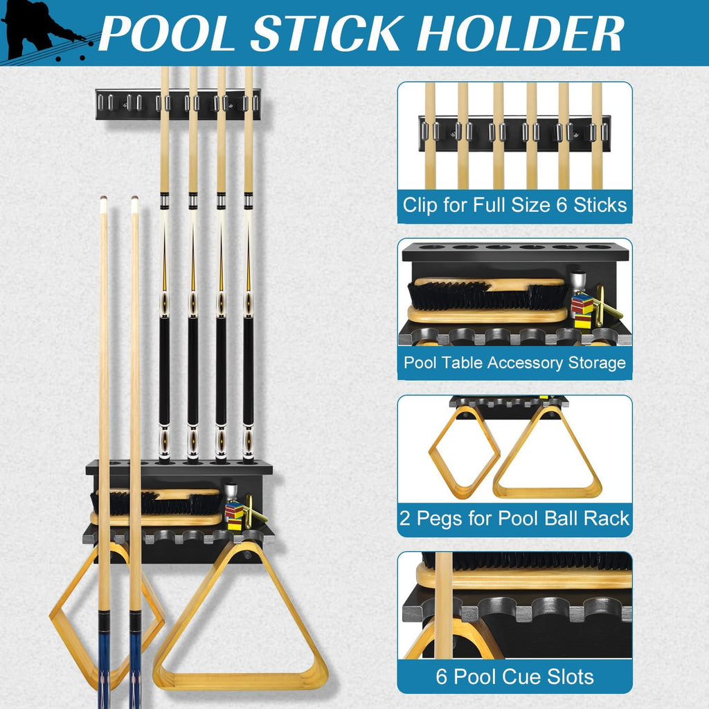 Pool Stick Holder Pool Cue Rack Wall Mount Pool Cue Holder for 6 Sticks Billiard Pool Table Accessories Organizer, Black